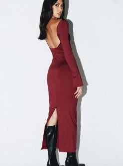 Princess Polly Belfa Long Sleeve Maxi Dress Burgundy Burgundy