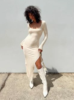 Princess Polly Lower Impact Barossa Long Sleeve Midi Dress Cream Cream