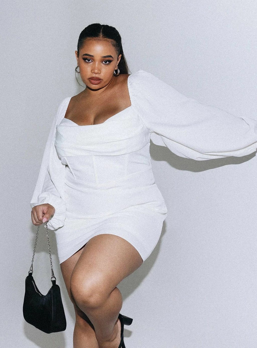 Princess Polly Curve Lillie Long Sleeve Mini Dress White Curve White