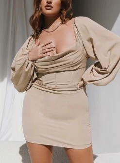 Princess Polly Lillie Long Sleeve Mini Dress Beige Beige