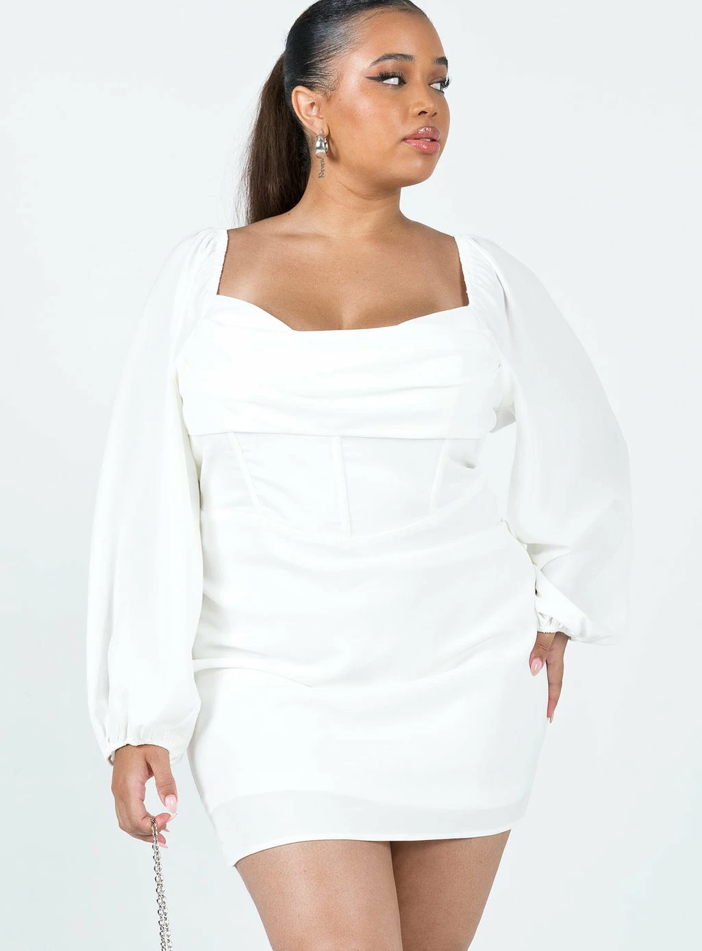 Princess Polly Curve Lillie Long Sleeve Mini Dress White Curve White - Image 3