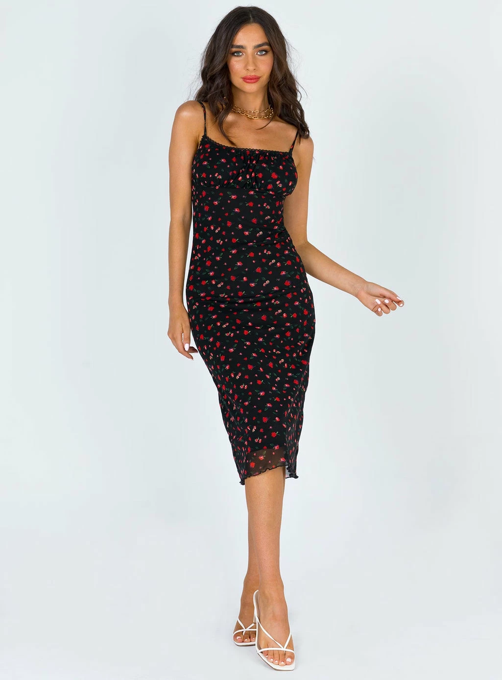 Princess Polly Marlee Midi Dress Black / Red Floral - Image 4